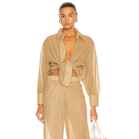 Oseree Tops - Brand new Oséree gold lumiere button up shirt and pants swimsuit cover up set